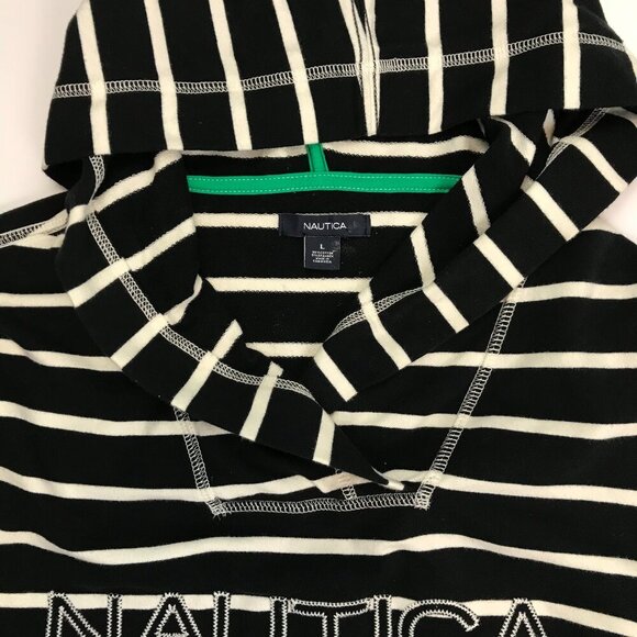 NAUTICA LARGE Cotton Blend Black White Pullover V-Neck Hoodie Top - Picture 5 of 7